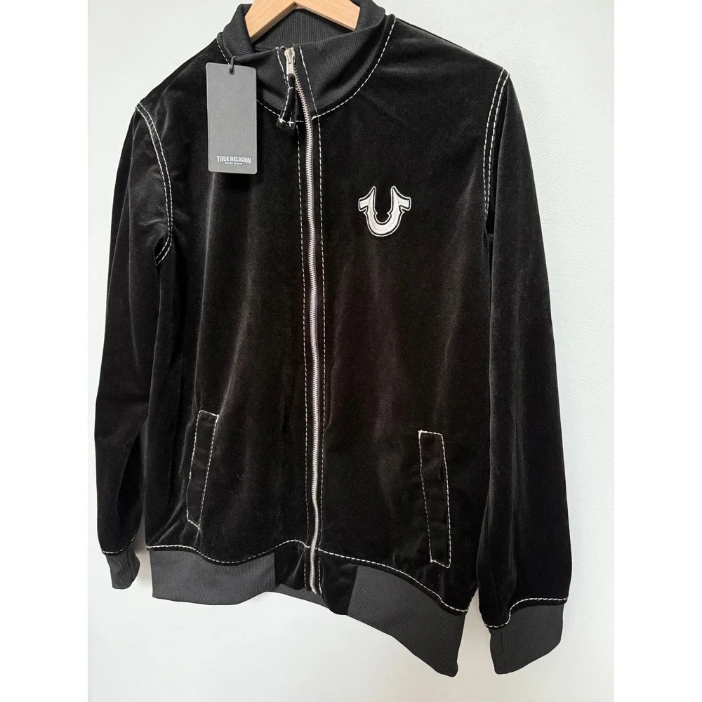 True Religion Mens Big T Velvet Mock Zip Up Jacket Jet Black Size XS‎ New